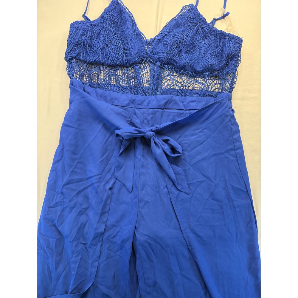 Fashion Nova Womens 1X Jumpsuit Royal Blue Crochet Lace Wide Leg Tie Waist Sexy